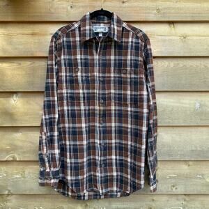 Duluth Trading Company brown plaid button down casual shirt